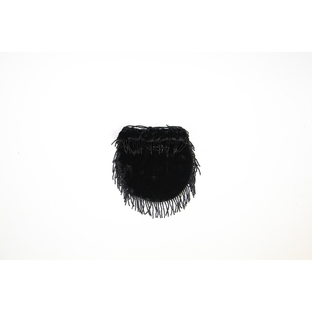 Vintage 1920s 1930s Black Velvet Beaded Fringe‎ Drawstring Bag Art Deco Reticule